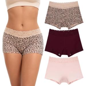 imageINNERSY Womens Lace Underwear Cotton Soft Boyshorts Panties Boxer Briefs 3 PackLeopardLight PinkRed