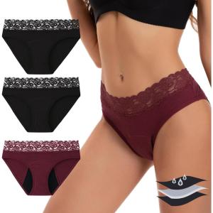 imageINNERSY Womens Cotton Lace Period Underwear Postpartum Hipster Panties Menstrual Bikini Briefs 3 Pack2 BlackRed