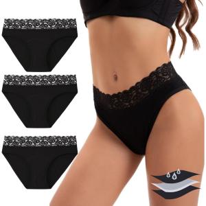 imageINNERSY Womens Cotton Lace Period Underwear Postpartum Hipster Panties Menstrual Bikini Briefs 3 PackBlack