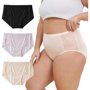 imageINNERSY Womens Plus Size Floral Lace Nylon Underwear High Waisted Panties 3PackBlackBeige