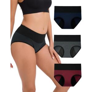 imageINNERSY Period Underwear for Women Leakproof High Waisted Menstrual Cotton Panties 3 PackBlueHeather GreyRed