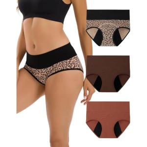 imageINNERSY Period Underwear for Women Leakproof High Waisted Menstrual Cotton Panties 3 PackBrick RedBrownLeopard