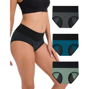 imageINNERSY Period Underwear for Women Leakproof High Waisted Menstrual Cotton Panties 3 PackLake BlueLight GreenHeather Grey