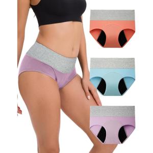 imageINNERSY Period Underwear for Women Leakproof High Waisted Menstrual Cotton Panties 3 PackOrangePurpleBlue
