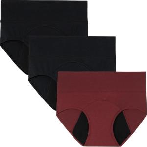 imageINNERSY Period Underwear for Women Leakproof High Waisted Menstrual Cotton Panties 3 PackBlackBurgundy